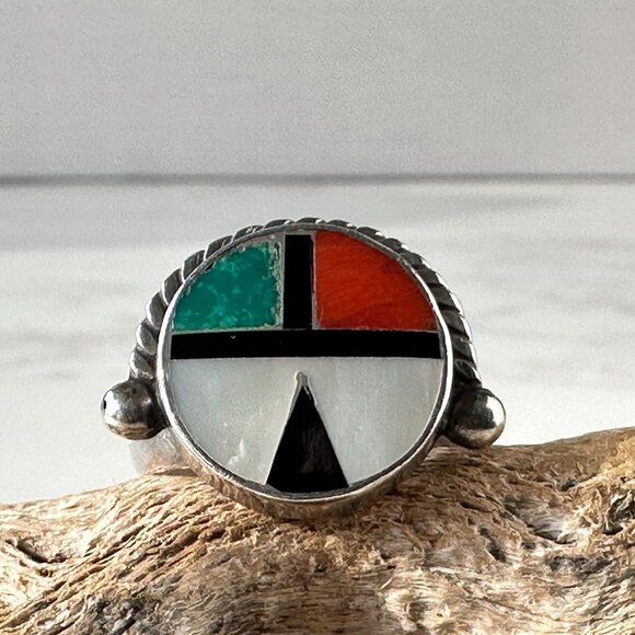Early Vintage Native American Zuni Kachina Sun God Ring Inlaid Gemstones - Picture 6 of 8